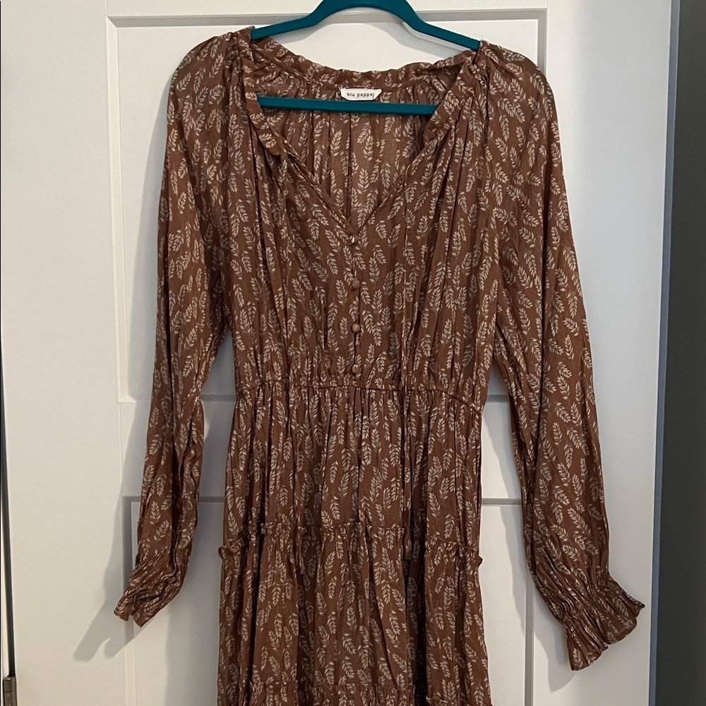 Blu Pepper Brown Printed Tiered Long Sleeve Dress